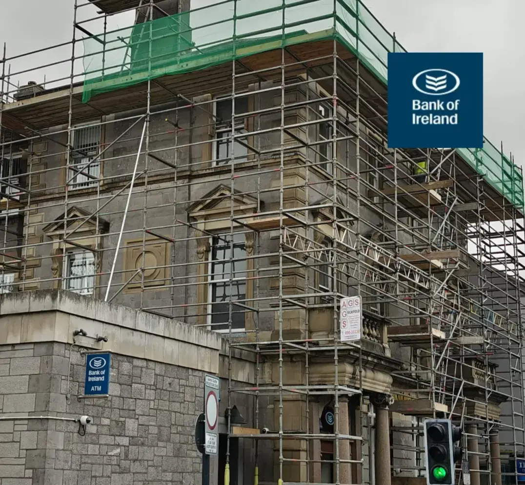 Recommended Roofing scaffolding and roof repairs in progress on a Bank of Ireland branch